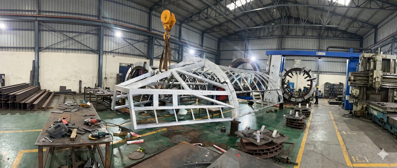 Madras Swastic Engineers shop floor with crew-module structural frame under fabrication